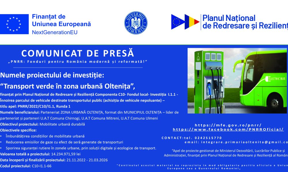 Comunicat de presă referitor la proiectul “Transport verde în zona urbană Oltenița”